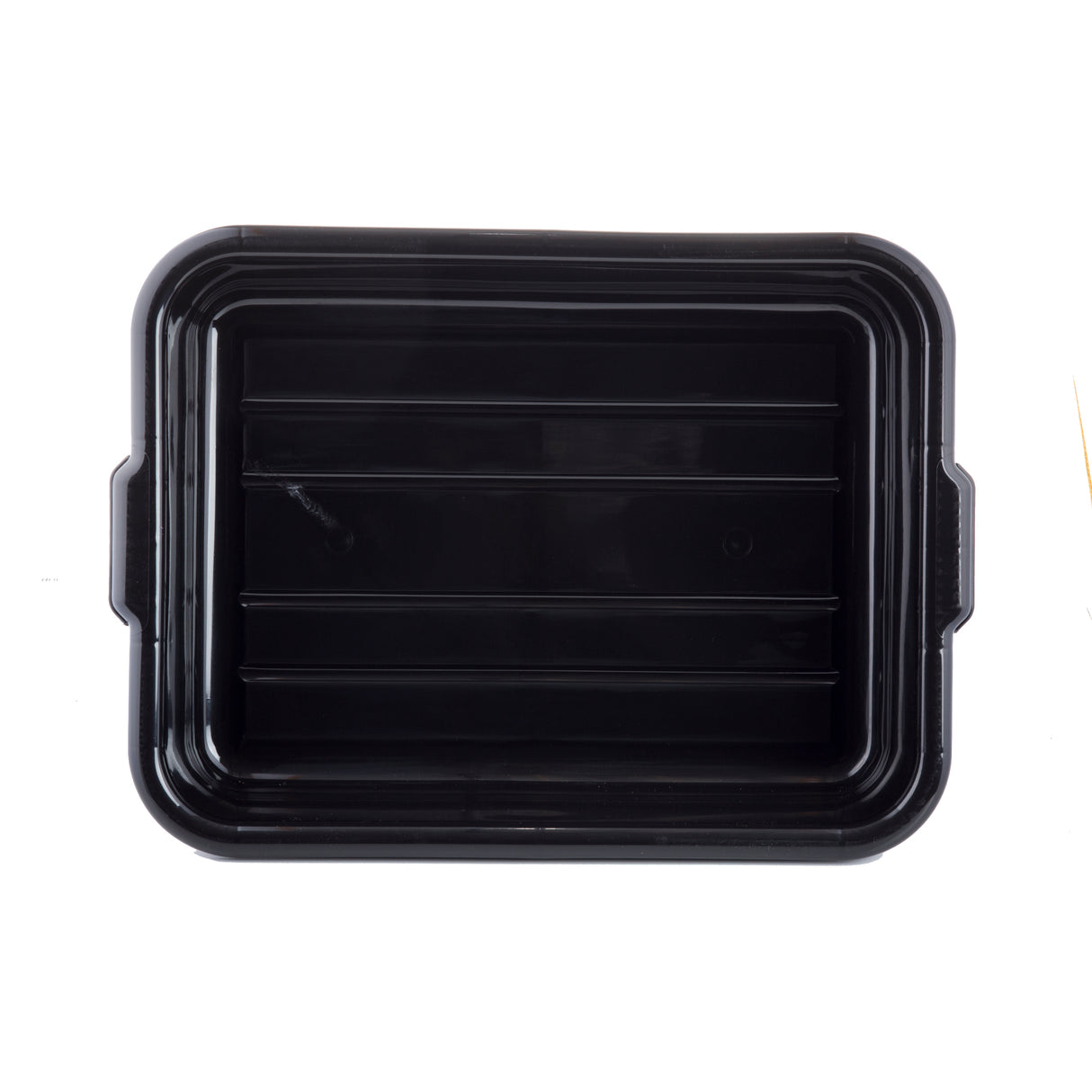 A black, rectangular plastic food container is shown from above on a white background. This stackable container features slightly rounded corners, raised edges, small handles, and a smooth interior with shallow ridges.
