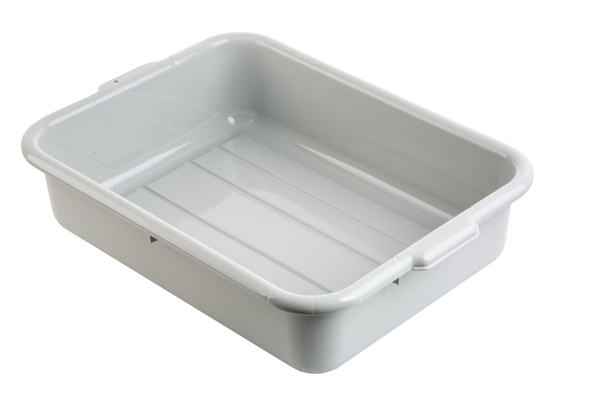 A rectangular, shallow white Tote Box with rounded corners and slightly raised sides. The tub features two small handles on each short end, is stackable, and sits empty on a white background. The smooth, glossy inner surface is dishwasher safe.