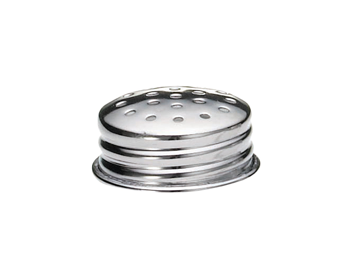 A shiny, round stainless steel shaker lid with evenly spaced holes on top and three horizontal grooves around its sides, photographed against a white background. Ideal as replacement shaker tops and dishwasher safe for easy cleaning.