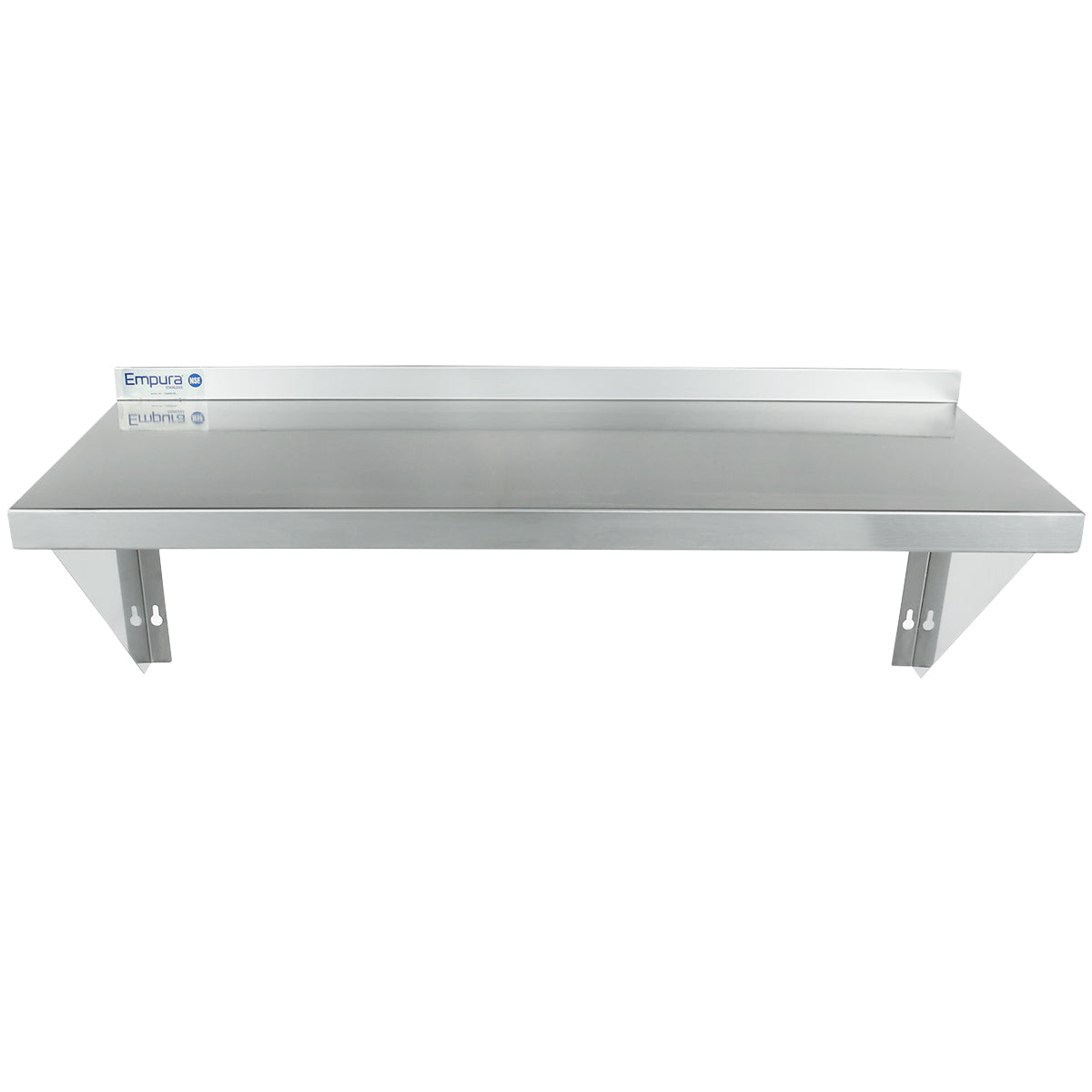A stainless steel wall mount storage shelf with two angled brackets for support, a flat surface, and a raised back edge. The NSF-certified Empura brand is labeled on the left side. The shelf is empty and photographed against a plain white background.