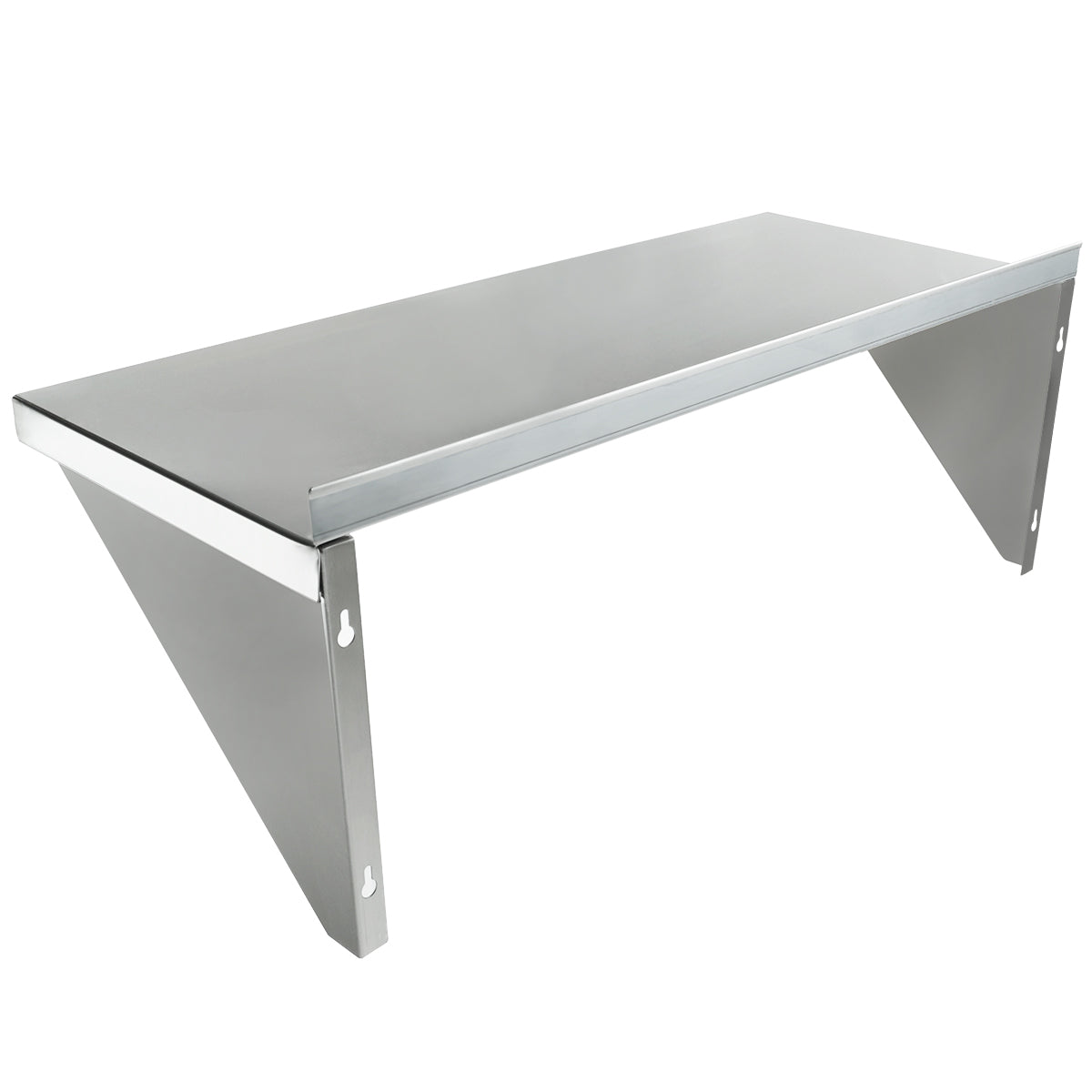 A sleek, modern NSF stainless steel shelf with a flat rectangular surface and two triangular brackets on each side. The brackets feature keyhole slots for easy wall mount storage. Both shelf and brackets have a shiny, reflective silver finish against a plain white background.
