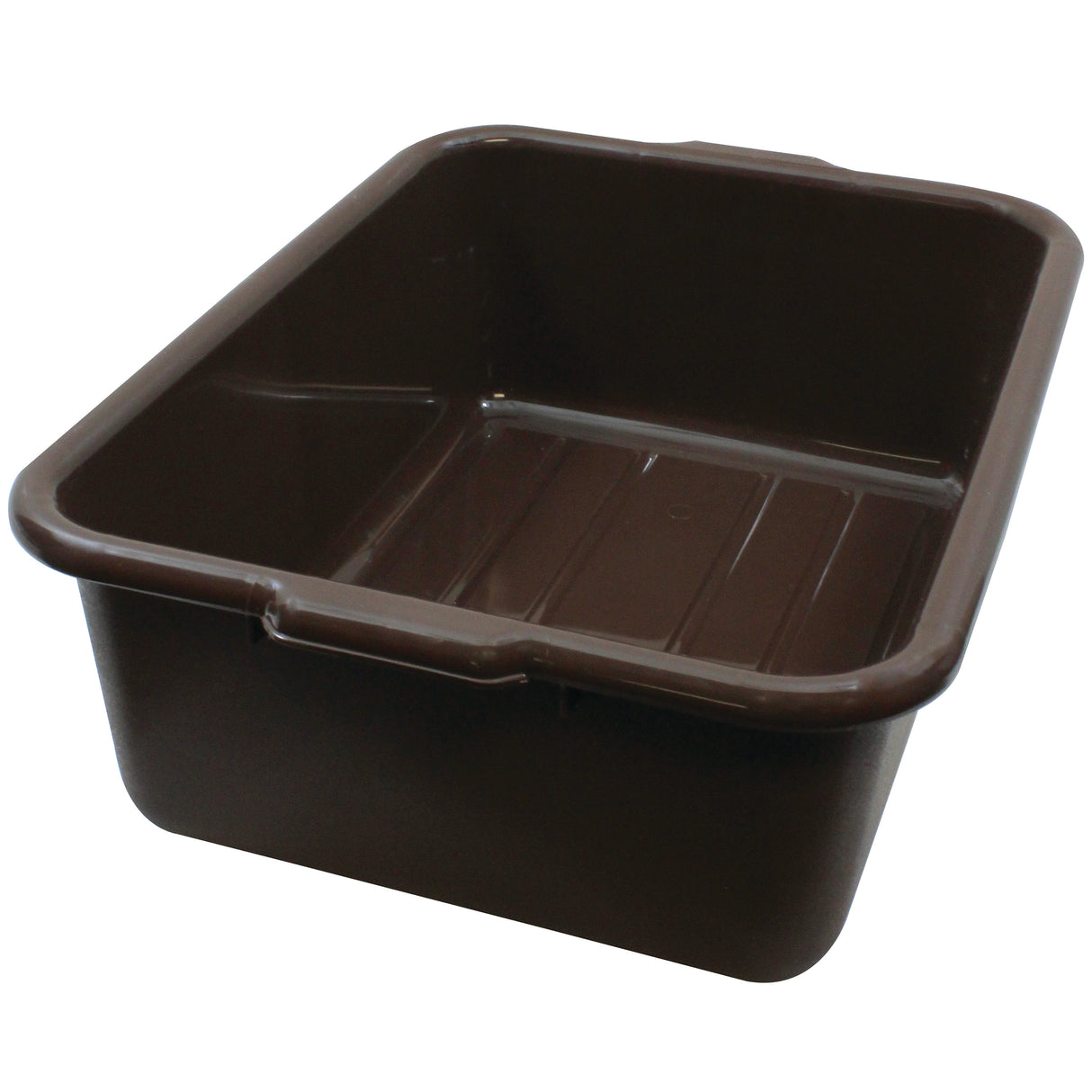 A rectangular, deep, dark brown plastic tote box with smooth sides and slightly rounded corners. The bin has a flat bottom with shallow ridges, small handles on each short end, and glossy, unadorned surfaces. This stackable bin is ideal for storage.