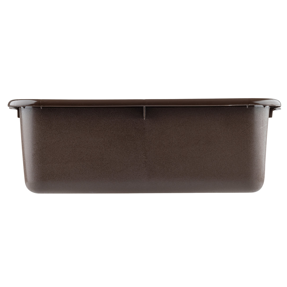 A rectangular, dark brown stackable tote box with smooth sides and slightly rounded corners, shown from the side against a white background. The container’s top edge has a small outward lip.