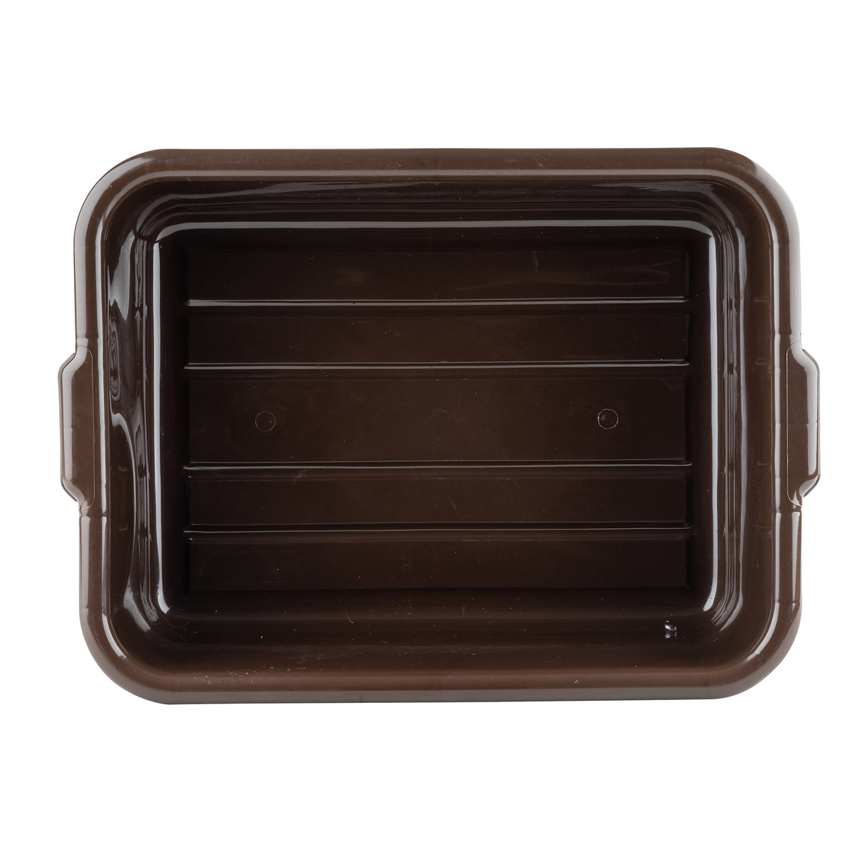 A rectangular, deep brown plastic tote box viewed from above. The bin has slightly rounded corners, two side handles, and ribbed lines for reinforcement. Stackable and featuring smooth edges; there is no lid present.