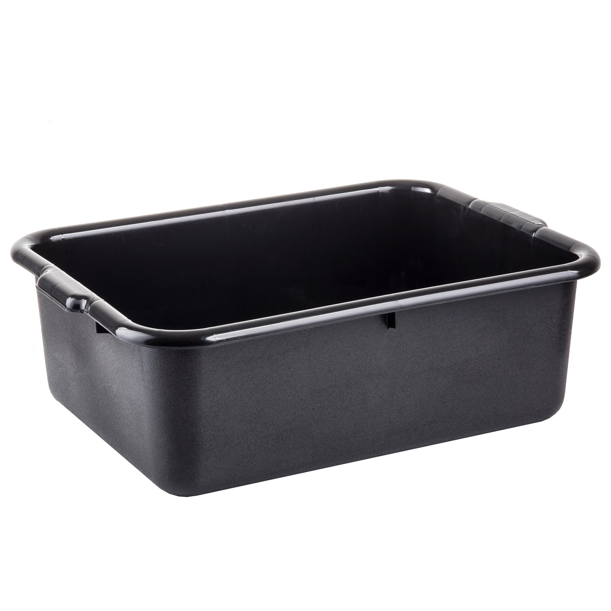 A large, rectangular black plastic tote box with rounded edges and slightly tapered sides. The stackable tub has integrated handles on each short end and a smooth, matte finish. It appears empty and is set against a plain white background.