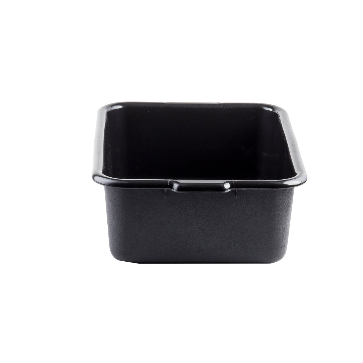 A black rectangular tote box made from high density polyethylene, with slightly rounded corners and a wide rim. Set against a plain white background, the bin is empty and viewed from the front, showing its open top and deep interior.