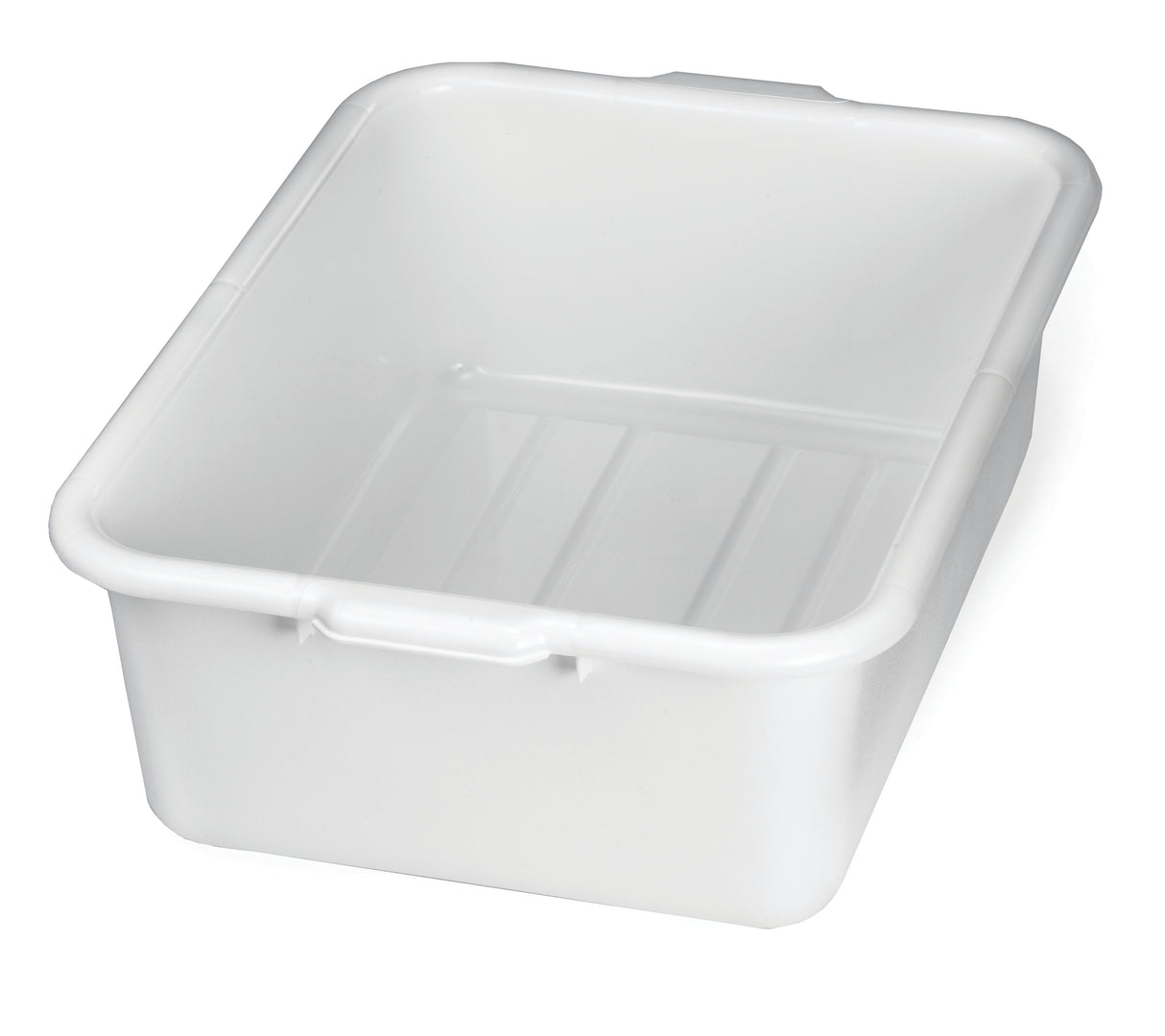 A white, rectangular plastic tote box with smooth sides and rounded corners sits empty on a white background. The tub is stackable, features a small lip around the top edge, and indented lines on the interior bottom.