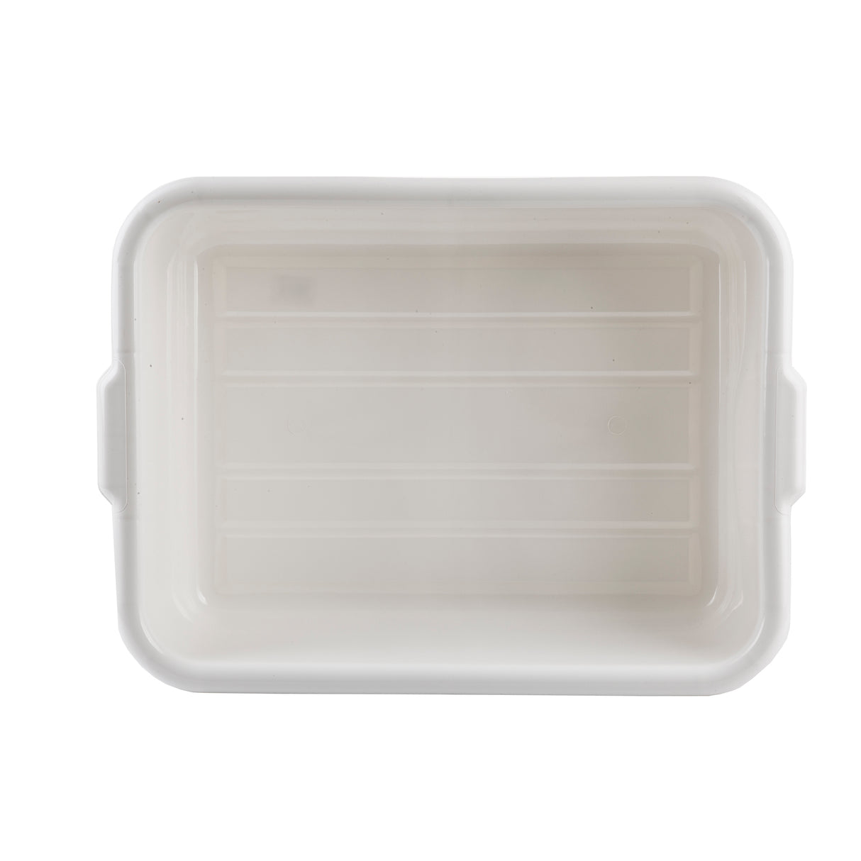 Rectangular, white plastic tote box viewed from above. It has rounded corners, horizontal grooves on the interior bottom, two small handles on the shorter sides, and a plain white background. Stackable and dishwasher safe.
