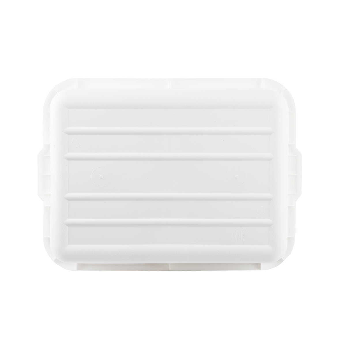 A white, rectangular plastic tote box lid with rounded corners and raised horizontal ridges, photographed against a plain white background. The lid’s edges have small curved tabs for easy gripping and it is stackable for convenient storage.