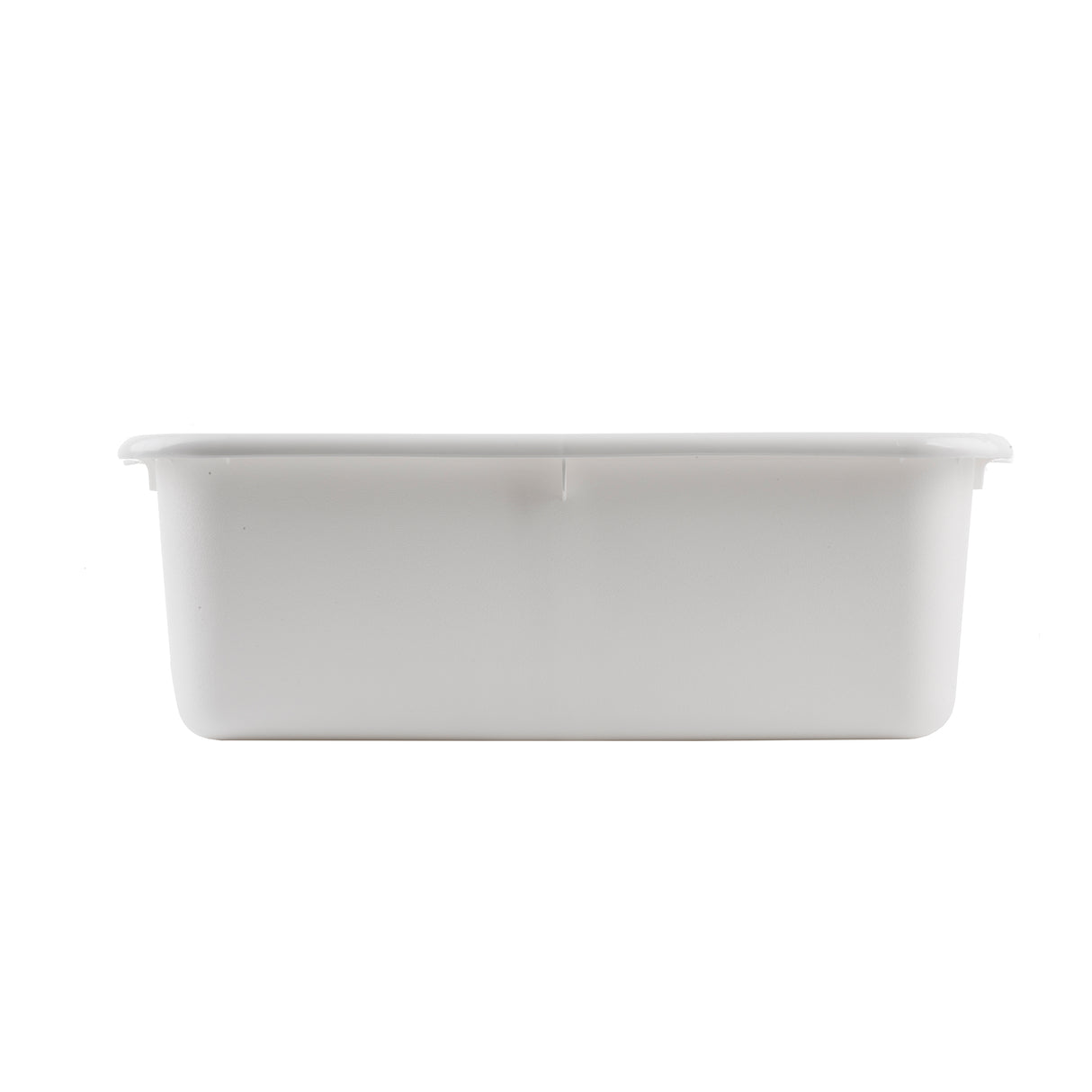 A plain, rectangular, white plastic tote box is shown from the side against a white background. The container has smooth edges, slightly curved corners, no visible markings or designs, and is both stackable and dishwasher safe.