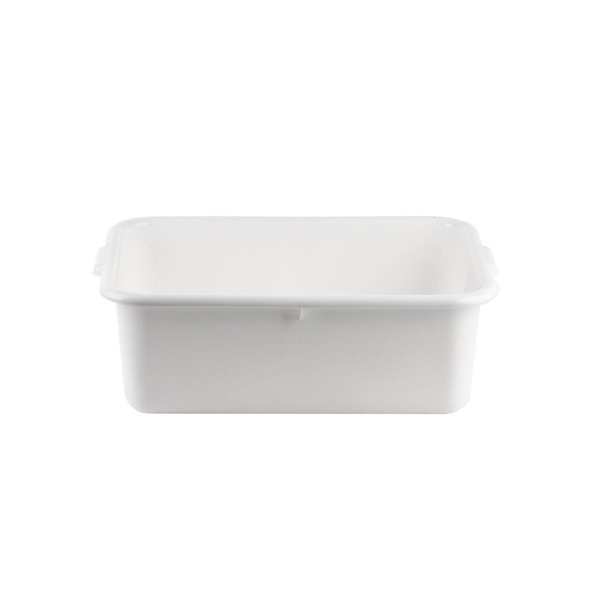 A plain, rectangular white stackable plastic tote box with slightly rounded edges and a smooth surface, photographed on a white background. The empty container is positioned so that the open top and inner sides are visible.