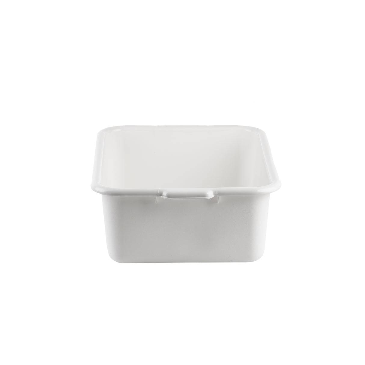 A plain white rectangular tote box with rounded edges and a small handle in the center of the front side, photographed against a white background. The stackable tub appears empty and clean.