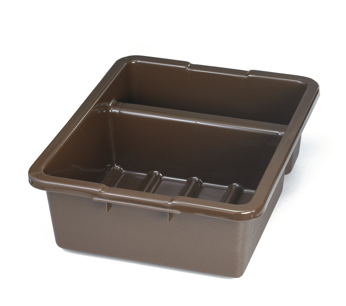 A heavy duty brown rectangular plastic Tote Box with reinforced edges, ribbed sides, and a divider inside, designed for carrying dishes or supplies in commercial kitchens. Dishwasher safe with a glossy finish, it's shown against a white background.