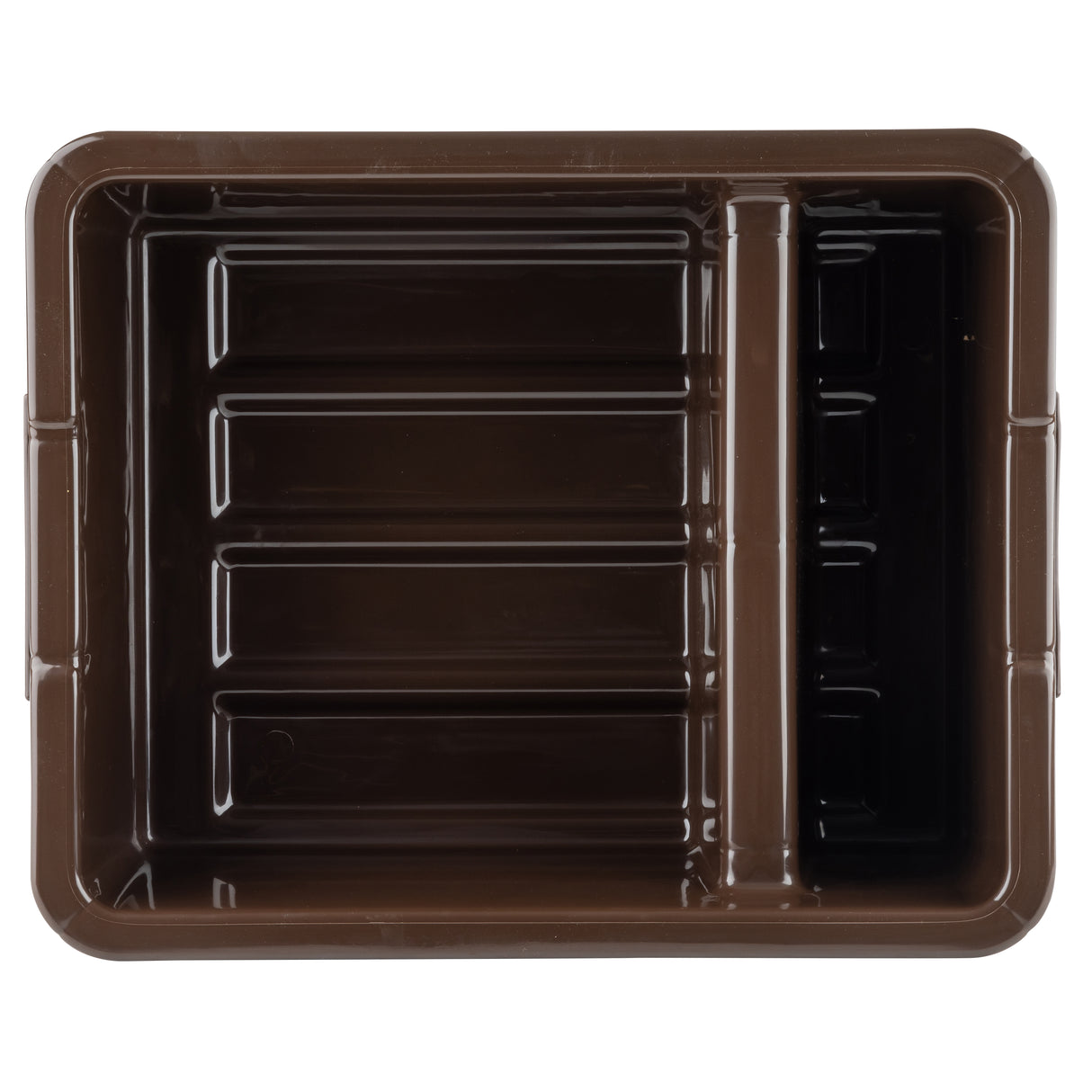 A heavy duty rectangular brown plastic food tray with two compartments—one large, one narrow—features raised edges and grooves separating each section. This dishwasher safe tray is designed for reliable everyday use.