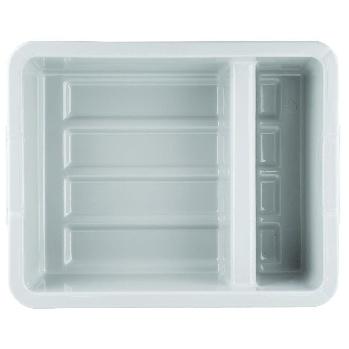 A rectangular, light gray plastic tray with raised edges. This heavy duty, dishwasher safe tray has two sections: a large main compartment on the left and a smaller divided section on the right with multiple rectangular slots. The surface is smooth and glossy.