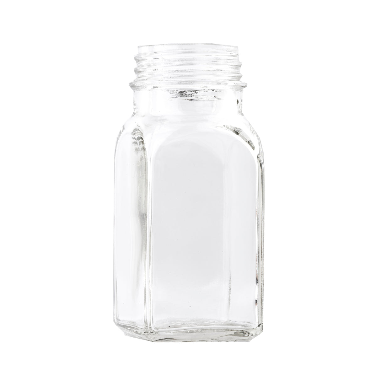 A clear, empty glass jar made from durable soda lime glass with a square base and rounded shoulders. The threaded neck fits a screw-on lid. Shown against a plain white background, the jar is perfect for Salt & Pepper Shakers or TableCraft Products collections.
