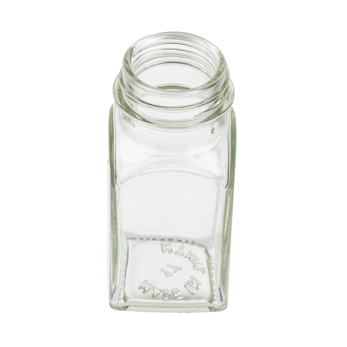 A clear, empty, square soda lime glass jar is shown from a top angle, with its threaded neck open. The bottom displays embossed text and symbols. Ideal for Salt & Pepper Shakers, this TableCraft Products jar sits against a plain white background.