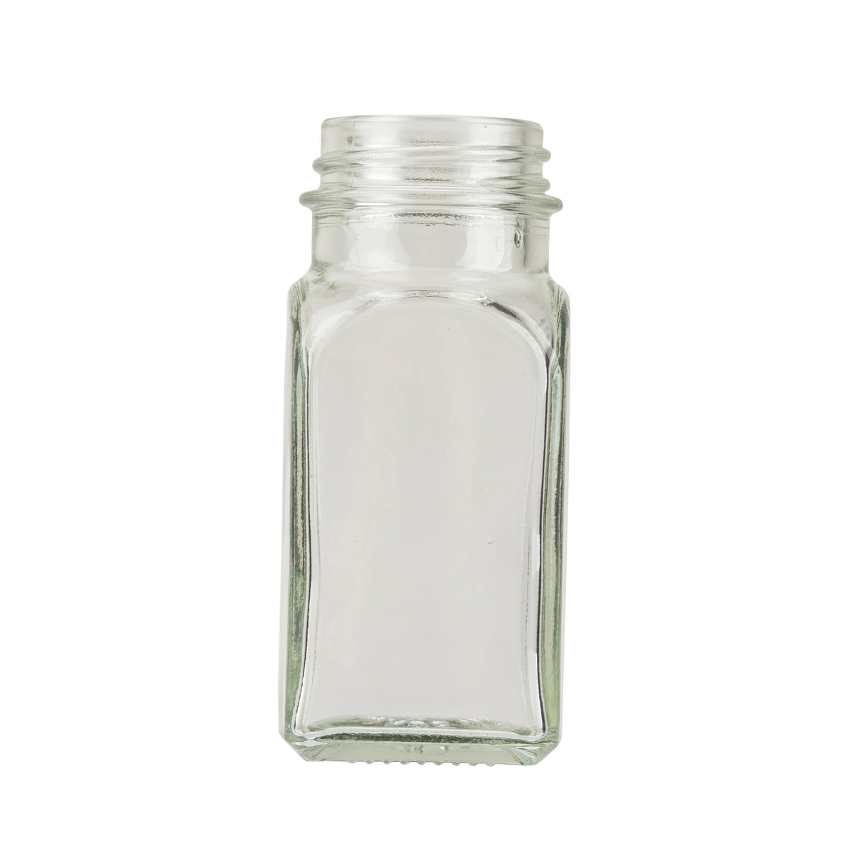 A clear, empty glass jar made from soda lime glass with a square base and screw-top opening is shown upright against a plain white background. The jar is clean and transparent, perfect for use as Salt & Pepper Shakers from TableCraft Products.
