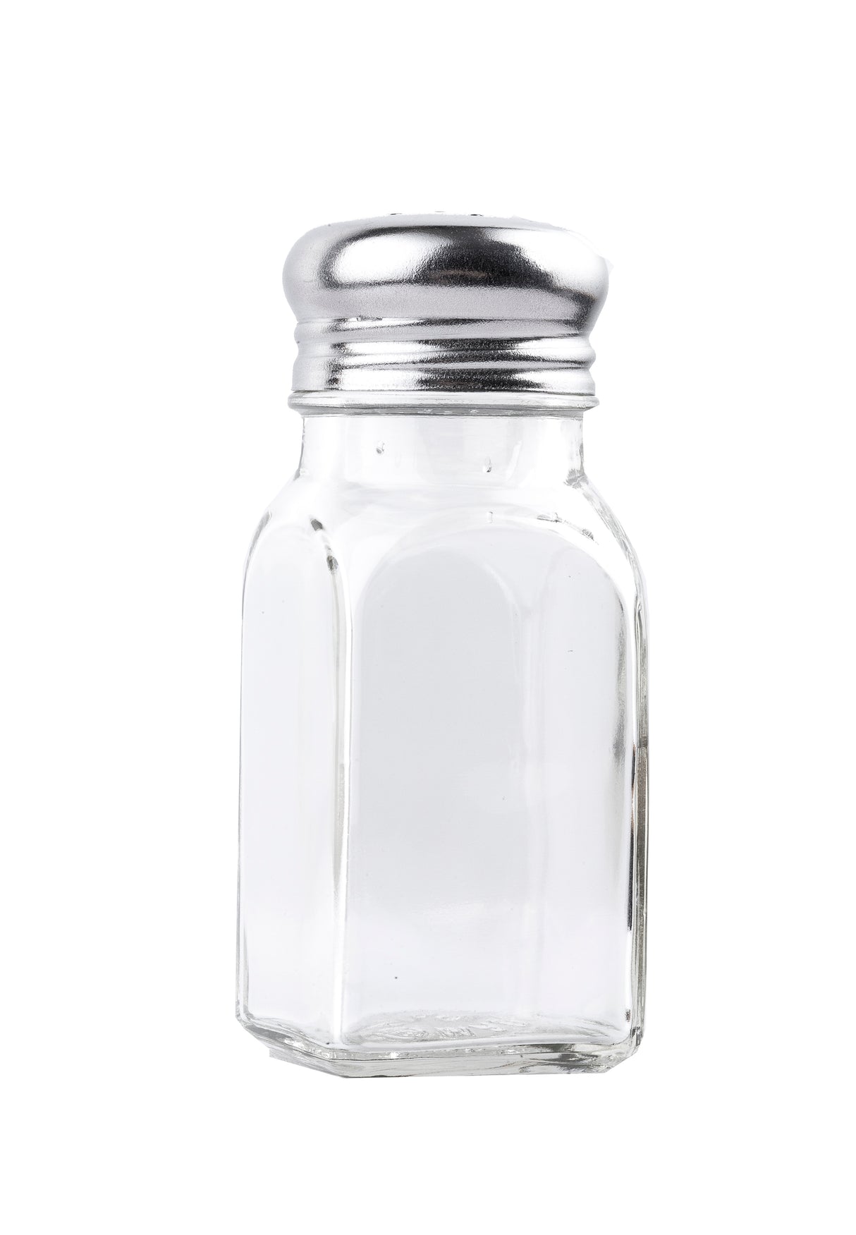 A clear glass salt shaker with a stainless steel top, shown empty and upright against a plain white background. The bottle features flat sides and rounded edges, capturing the timeless design of classic glass shakers for salt and pepper.