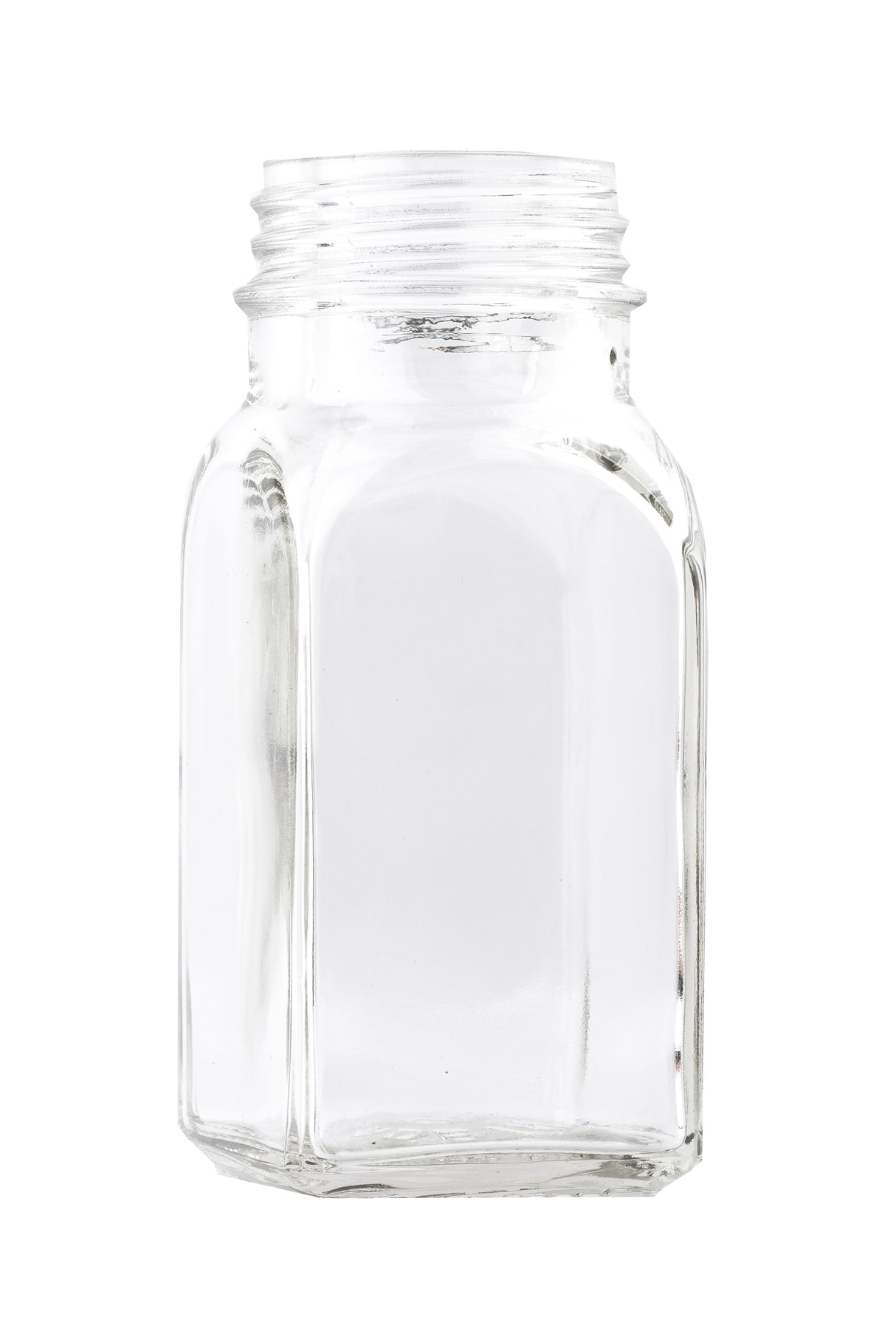 A clear, empty glass jar with a wide mouth and a screw-top rim, reminiscent of classic salt and pepper shakers. The square-shaped jar has rounded edges and reflective surfaces, shown against a plain white background.