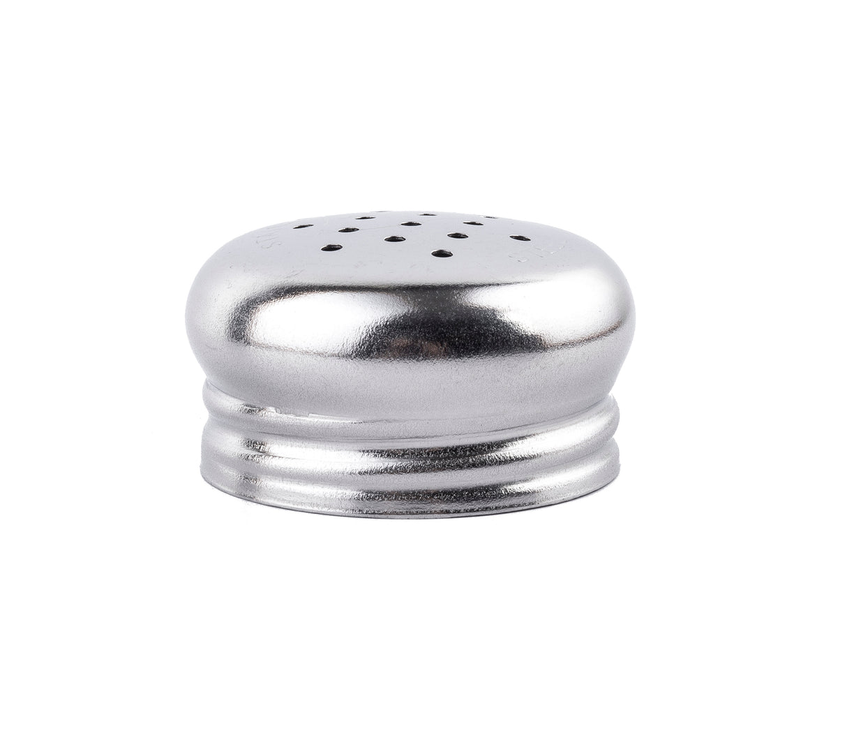 A shiny, metallic salt and pepper shakers lid with a rounded, stainless steel top and multiple small holes for dispensing, photographed against a plain white background. The base is ridged for screwing onto glass shakers.
