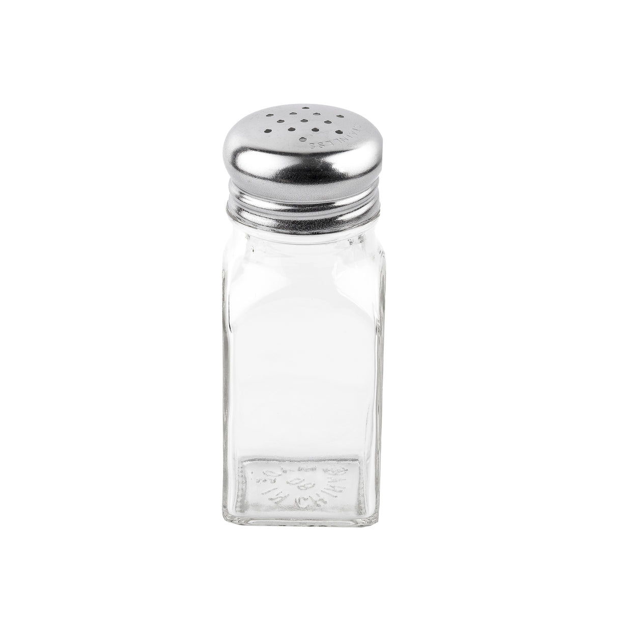 A clear glass shaker with a square shape and a stainless steel top featuring several small holes sits upright on a white background. The empty glass, part of classic salt and pepper shakers, has an embossed floral pattern near the base.