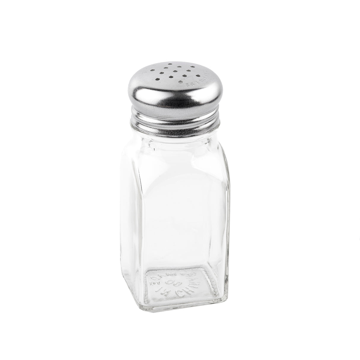 A clear, square glass shaker with a stainless steel top featuring multiple small holes. This empty salt and pepper shaker is shown against a plain white background, highlighting the classic design of quality glass shakers.