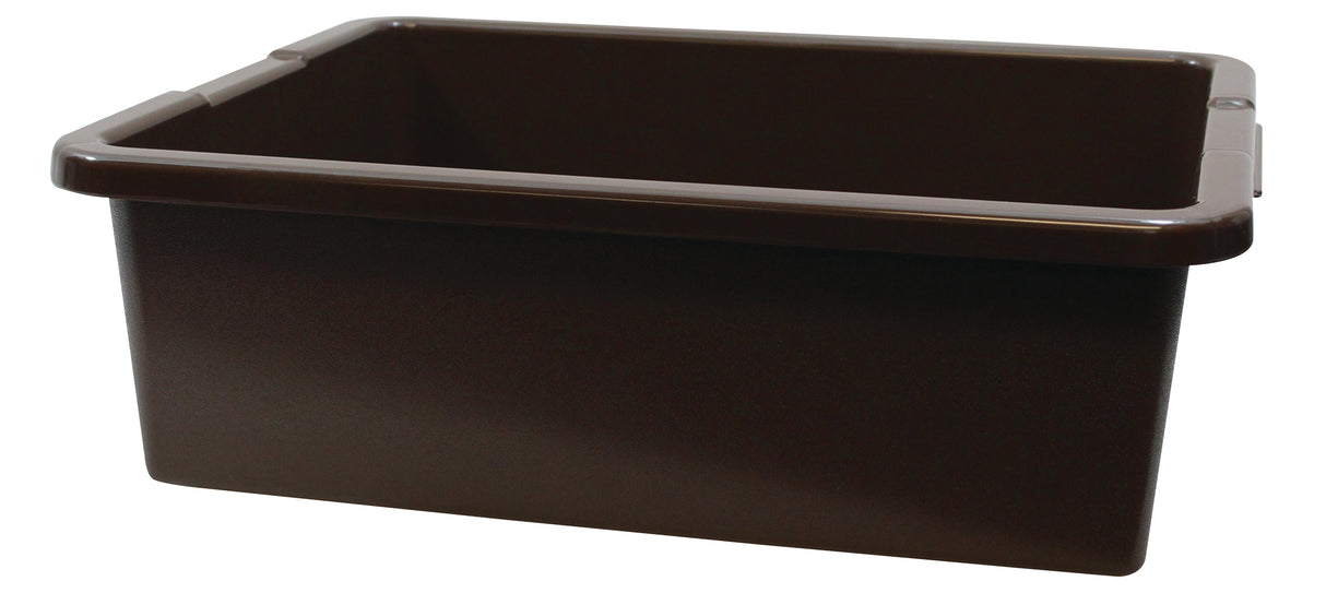 A large, deep, heavy duty Tote Box made of brown plastic with smooth sides and rounded corners. Featuring a slightly raised rim, this empty bin is dishwasher safe and sits on a plain white background.