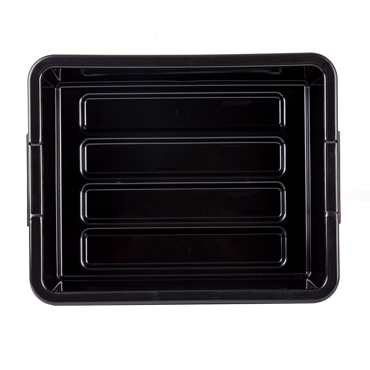 A black, rectangular heavy duty plastic tray with slightly raised edges and three horizontal ridges on the bottom. The stackable tray is photographed from above against a white background.