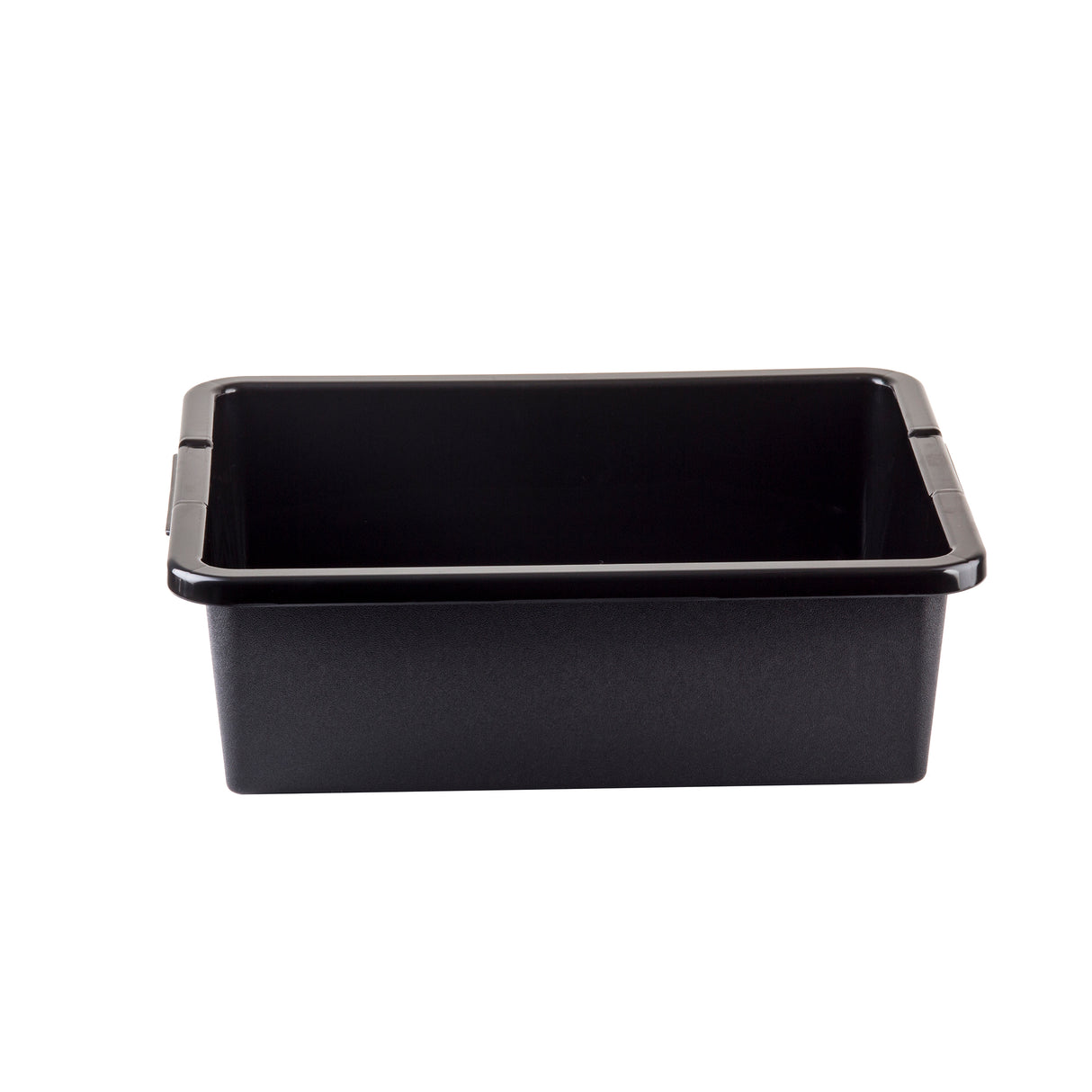 A black, rectangular stackable tote box with straight sides and rounded edges, shown on a white background. The bin is empty and features a simple, utilitarian design perfect for heavy duty storage needs.