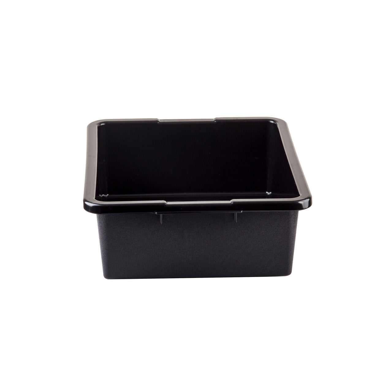 A black, rectangular heavy duty Tote Box with high sides and slightly rounded edges, viewed from an angle against a plain white background. The bin appears empty and has a simple, utilitarian design.