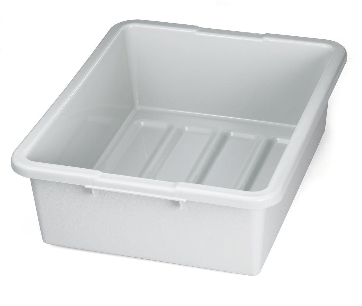 A large, empty, white heavy duty tote box with slightly rounded edges and a smooth surface sits on a white background. The interior bottom features three raised parallel grooves for structural support.