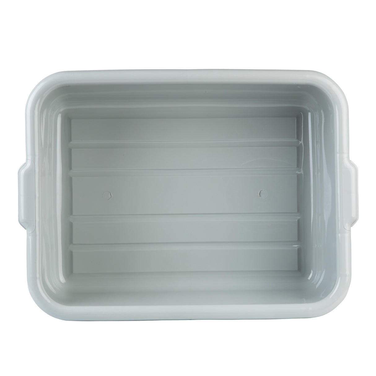A top-down view of a large, empty, light gray heavy duty tote box with smooth sides, rounded corners, and two small handles on the shorter sides. The interior has three horizontal grooves along the bottom.