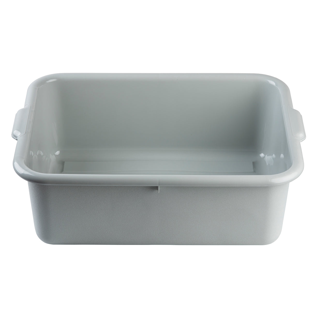 A rectangular, light gray plastic tote box with smooth sides and rounded corners. This heavy duty basin features two small handles on each short end and is empty, sitting against a plain white background.