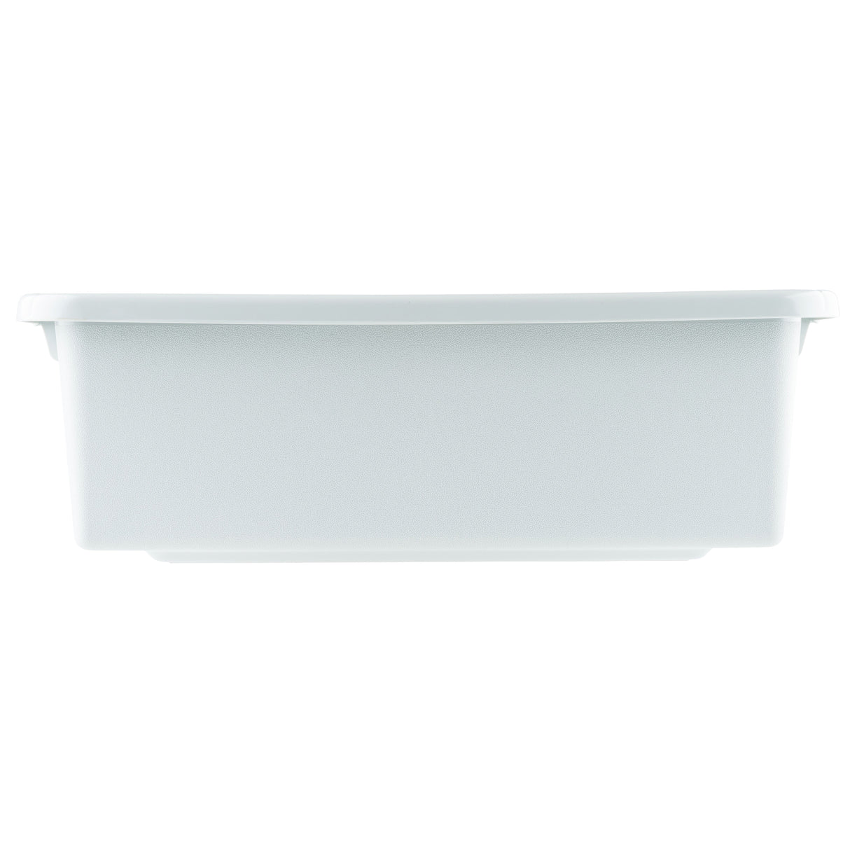 A plain, rectangular white plastic tote box is shown against a white background, viewed from the longer side. The bin has a slightly raised rim and flat, smooth sides with no visible handles or markings. This storage bin is dishwasher safe.
