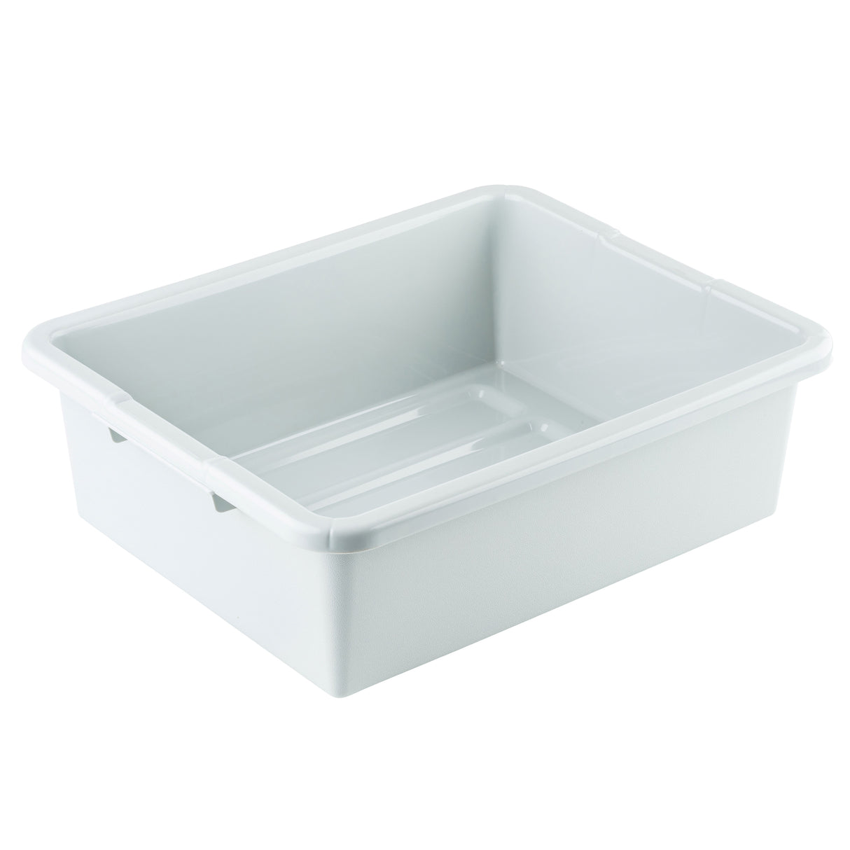 A white, rectangular heavy duty tote box with smooth sides and slightly rounded corners. The tub is empty and shown on a plain white background. The rim has a slight lip, and there are molded handles on the shorter sides for easy lifting.