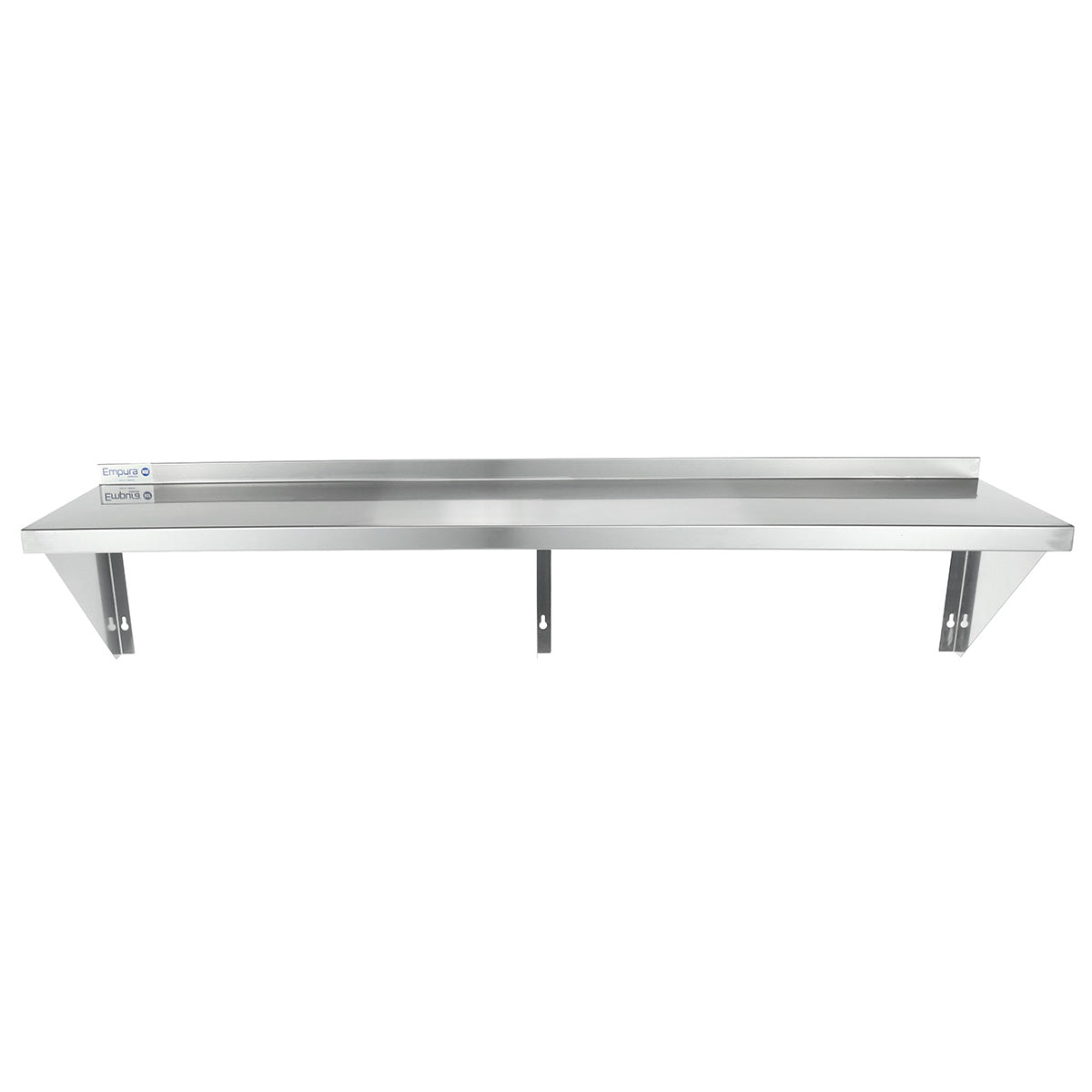 A long, rectangular NSF stainless steel wall mount storage shelf with three supporting brackets underneath and a small raised backsplash along the back edge, set against a plain white background.