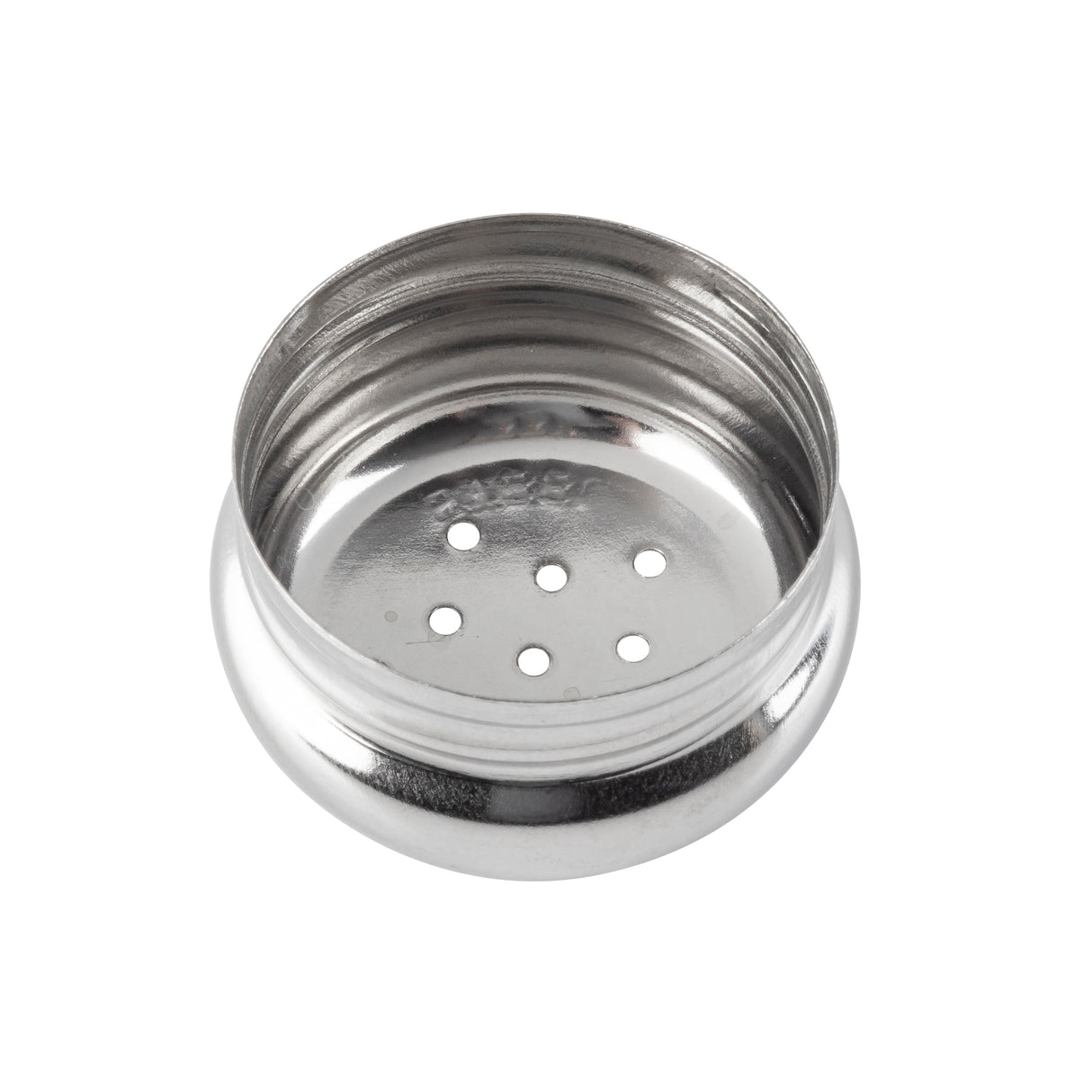 A shiny, round metal lid with smooth sides and six evenly spaced holes in the flat top surface, shown from an angled top view on a white background. The inner threads suggest it’s a replacement shaker top for a salt and pepper shaker like the TableCraft 156T.