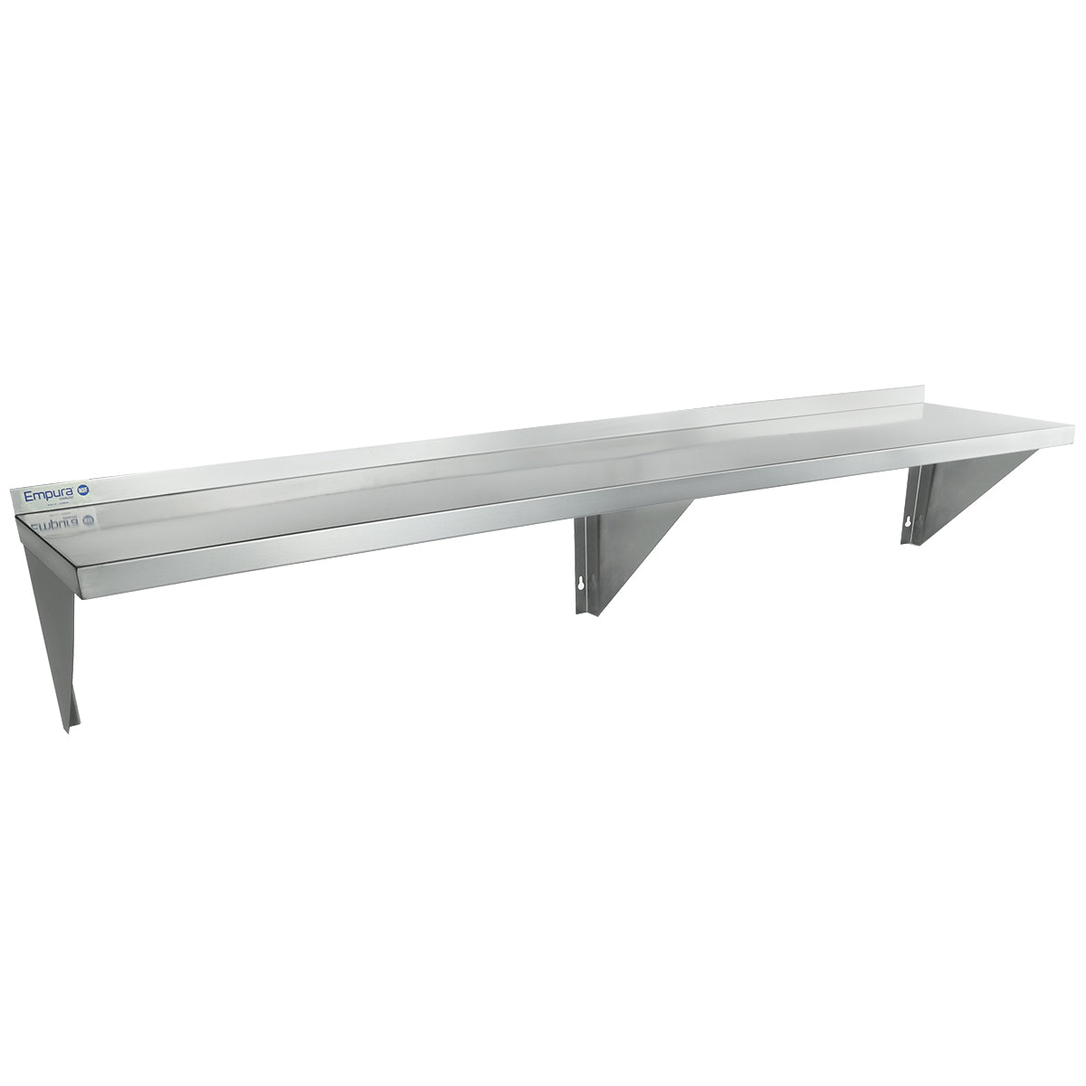 A long, NSF stainless steel wall mount storage shelf with a raised rear edge, supported by two triangular brackets. The clean, brushed finish makes it ideal for commercial kitchens or storage areas.