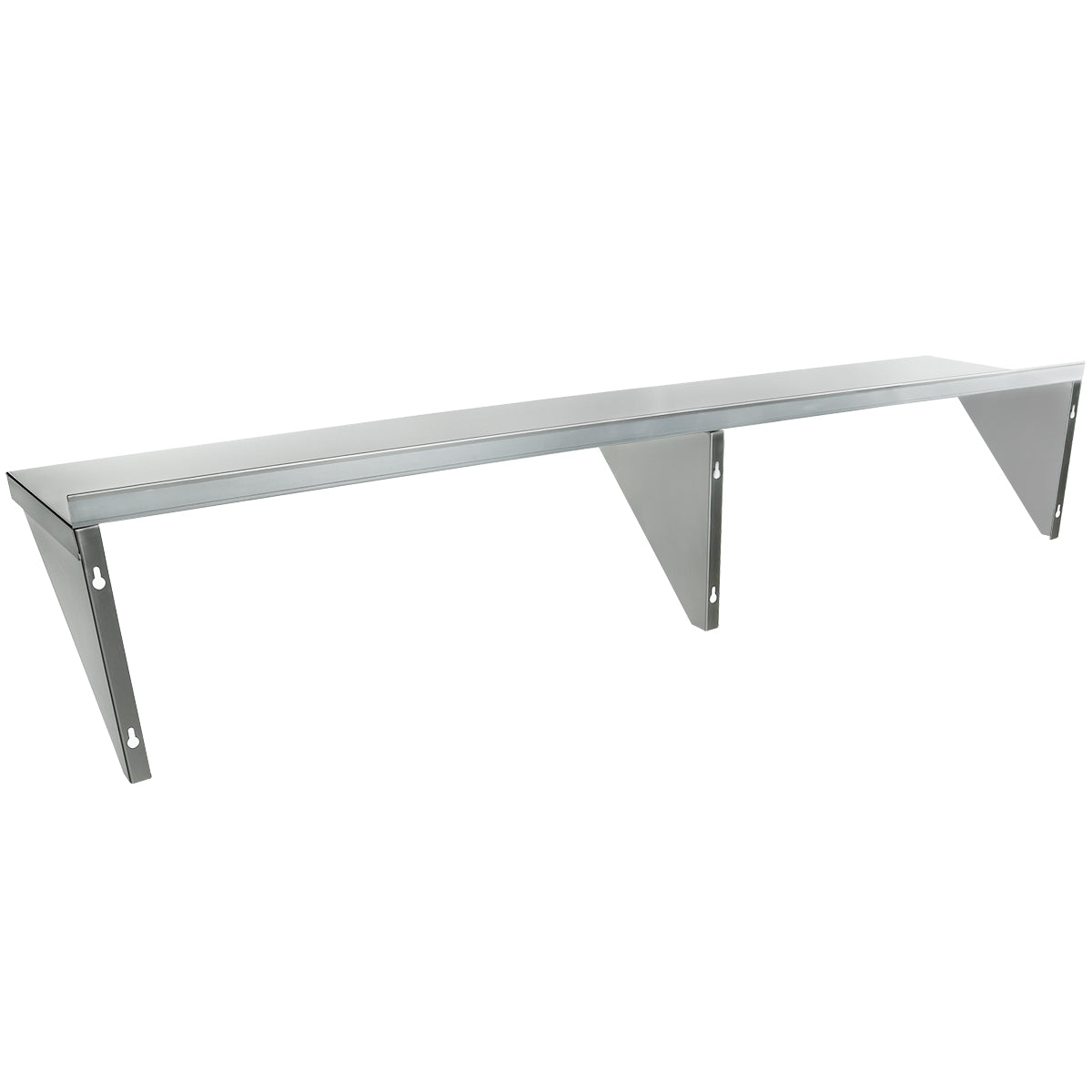 A stainless steel shelf is NSF certified and wall-mounted with three triangular brackets for support. This minimalistic Wall Mount Storage Shelf features a smooth metallic finish, ideal for kitchens or storage areas. The background is plain white.