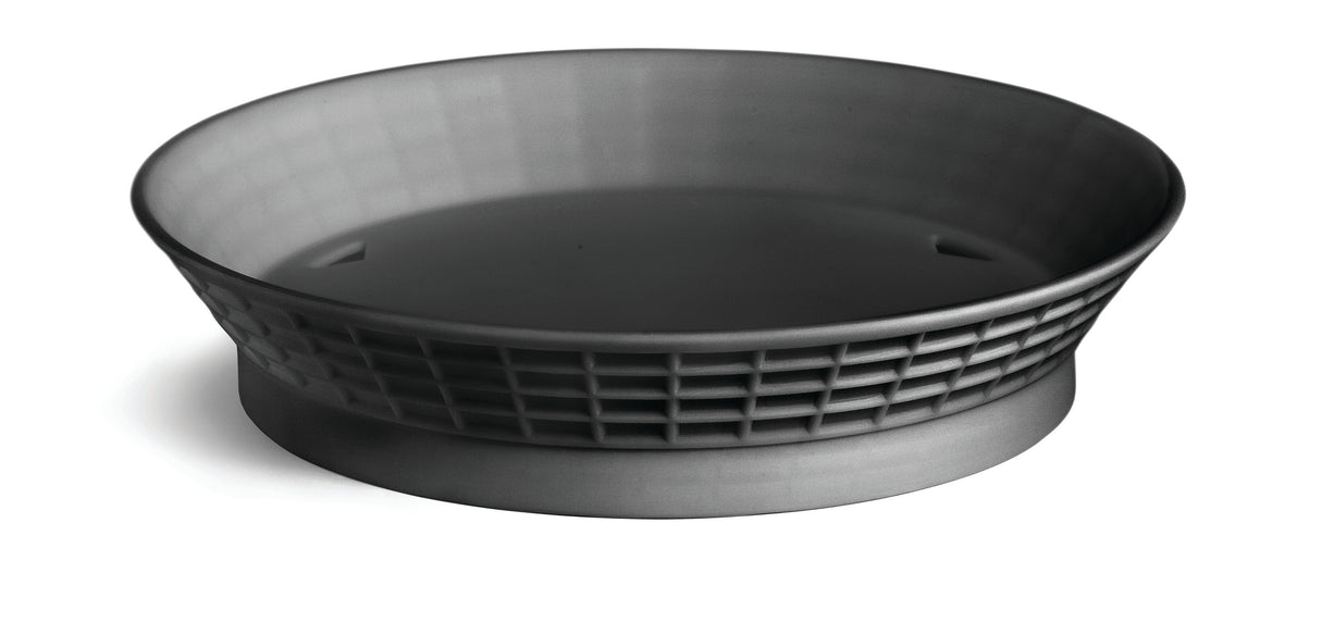 A round, gray, plastic platter basket with a wide, flared rim and a grid pattern on the sides. The inside is smooth and empty, set against a white background. This container is both dishwasher safe and heat resistant.