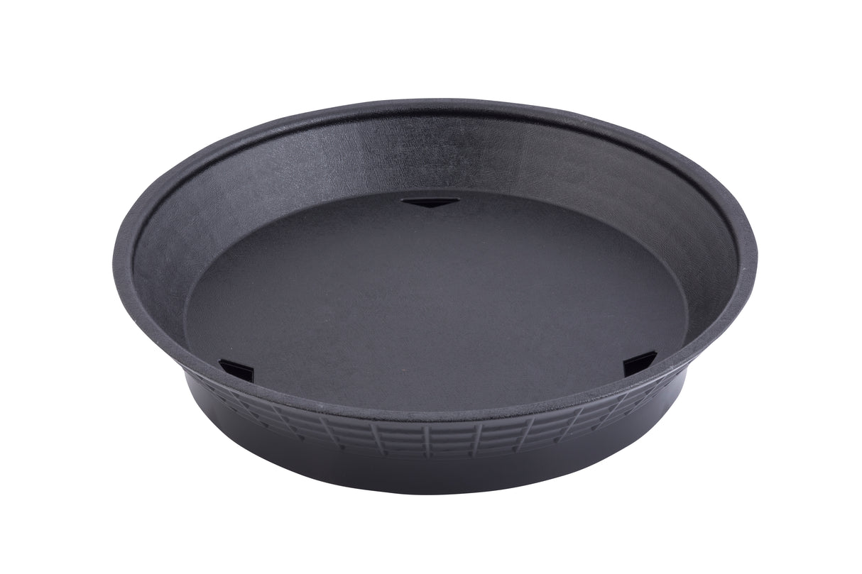 A black, round plastic plant pot saucer with a slightly textured surface. The heat resistant saucer has raised edges and a grid-like pattern on the sides, plus three small triangular notches on the inner base. The background is white.