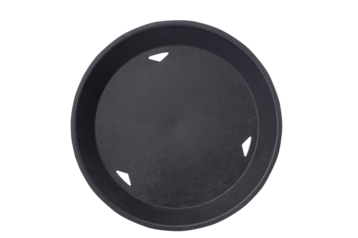 A round, black plastic serving tray is shown from above. The heat resistant tray features three small, evenly spaced triangular cutout handles near the rim and a smooth, slightly textured surface. The background is white.