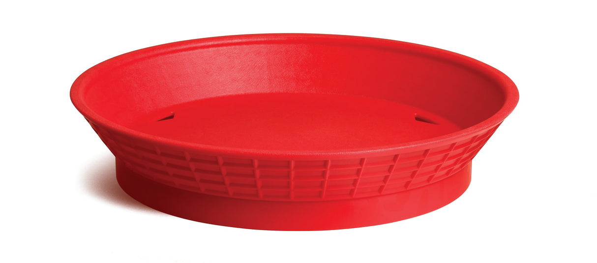 A bright red, round, shallow silicone Platter Basket tray with a textured waffle pattern on the side and two small rectangular slots on the bottom; heat resistant and shown on a white background.