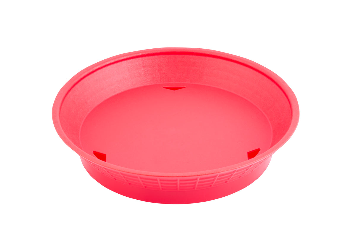 A bright red, round silicone baking mold with a smooth inner surface and subtle texture on the outside, photographed from above on a white background. This heat resistant and microwave safe mold is perfect for baking cakes or other desserts.