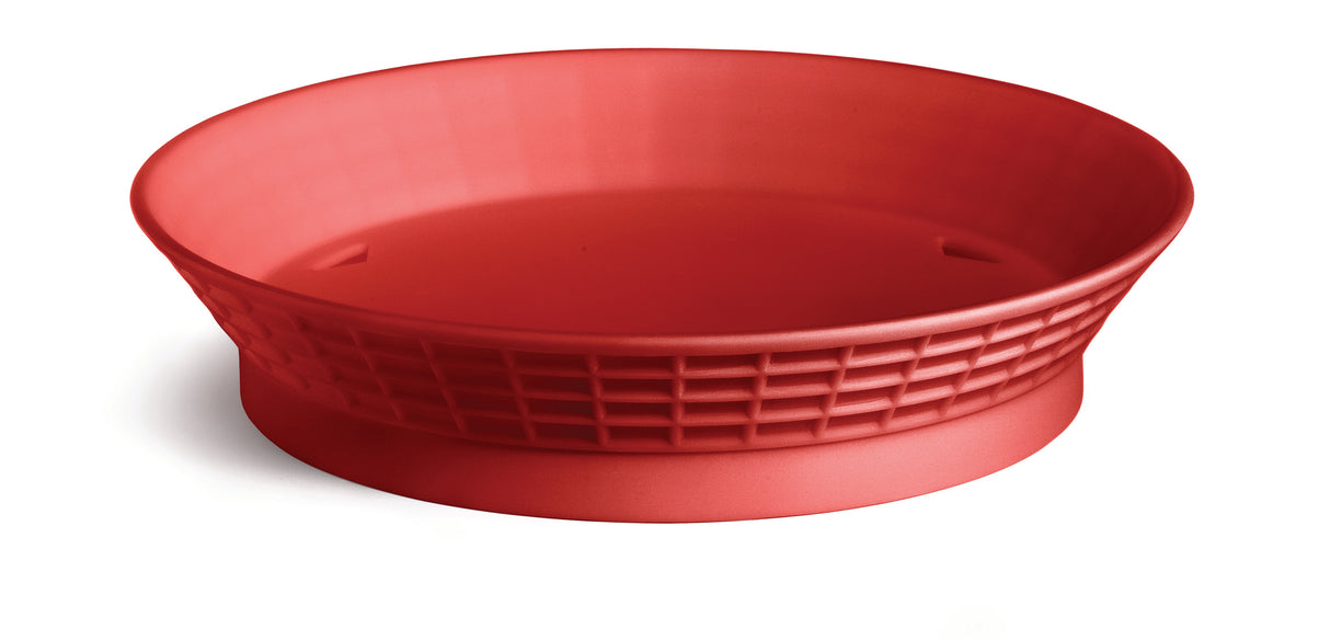 A red, round TableCraft basket made of durable polypropylene, featuring a wide, slightly outward-flaring rim and a grid pattern on the sides. This classic diner platter sits empty on a white background.
