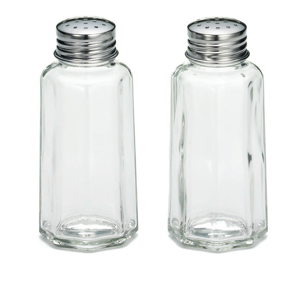 Two empty, clear paneled glass Salt/Pepper Shaker jars with stainless steel tops, each lid featuring several small holes. The hexagonal shakers stand upright side by side against a white background.
