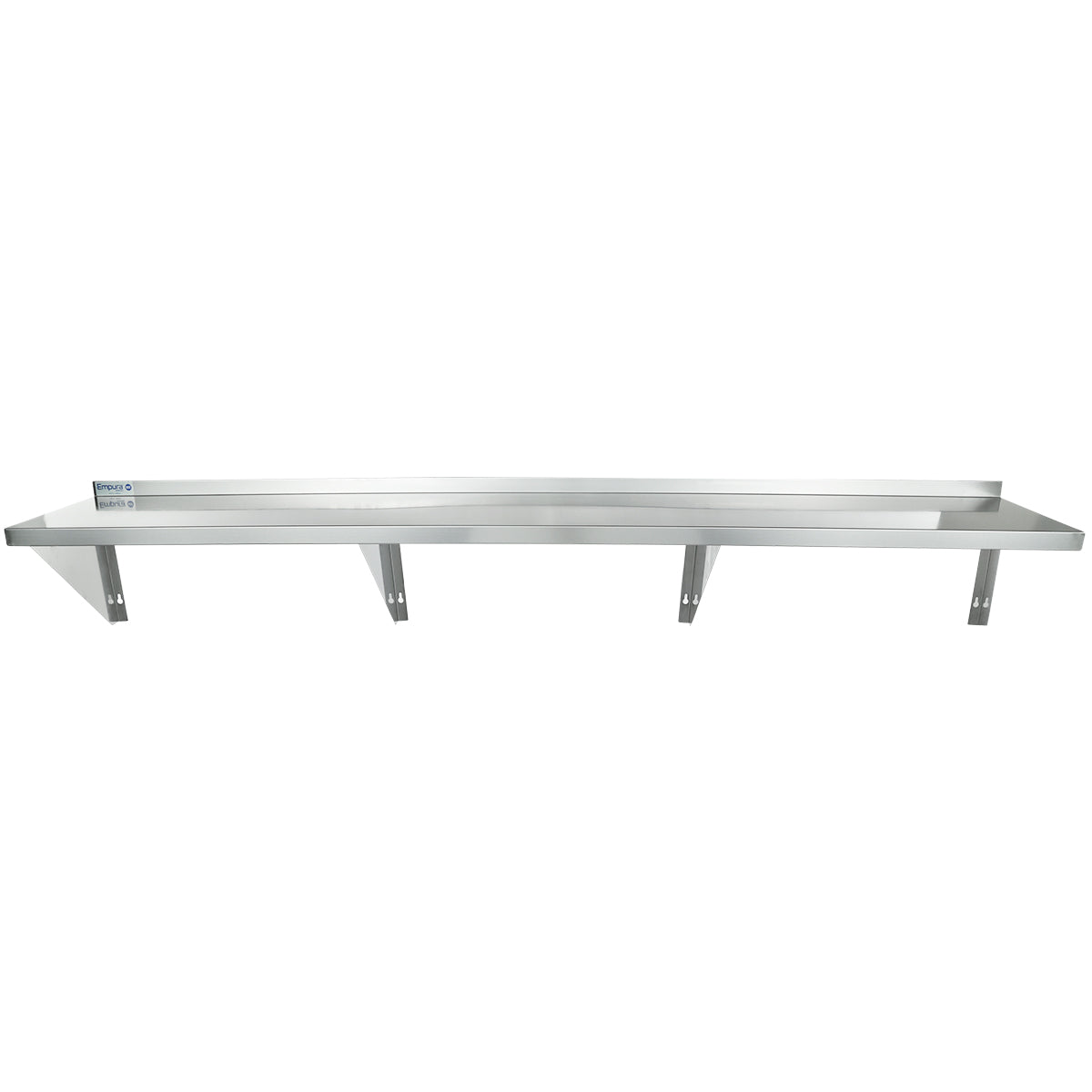 A long, NSF-certified Wall Mount Storage Shelf made of stainless steel with a raised back edge and four support brackets, perfect for kitchen or industrial organization. The smooth, reflective surface adds a sleek look.