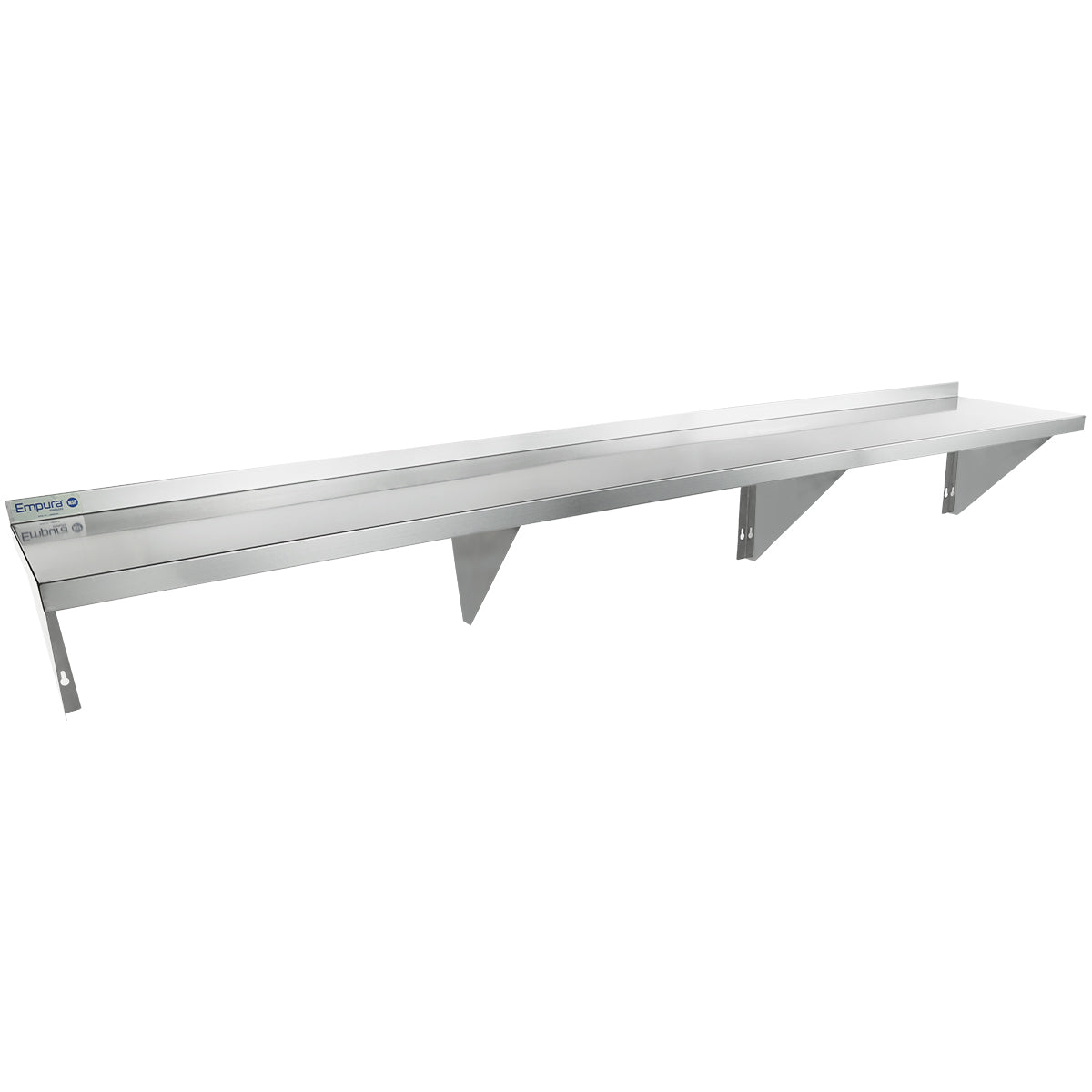 A long, wall-mounted NSF Stainless Steel Shelf with a raised back edge and three triangular support brackets offers sturdy support, making it ideal as a Wall Mount Storage Shelf for industrial or commercial kitchen use.