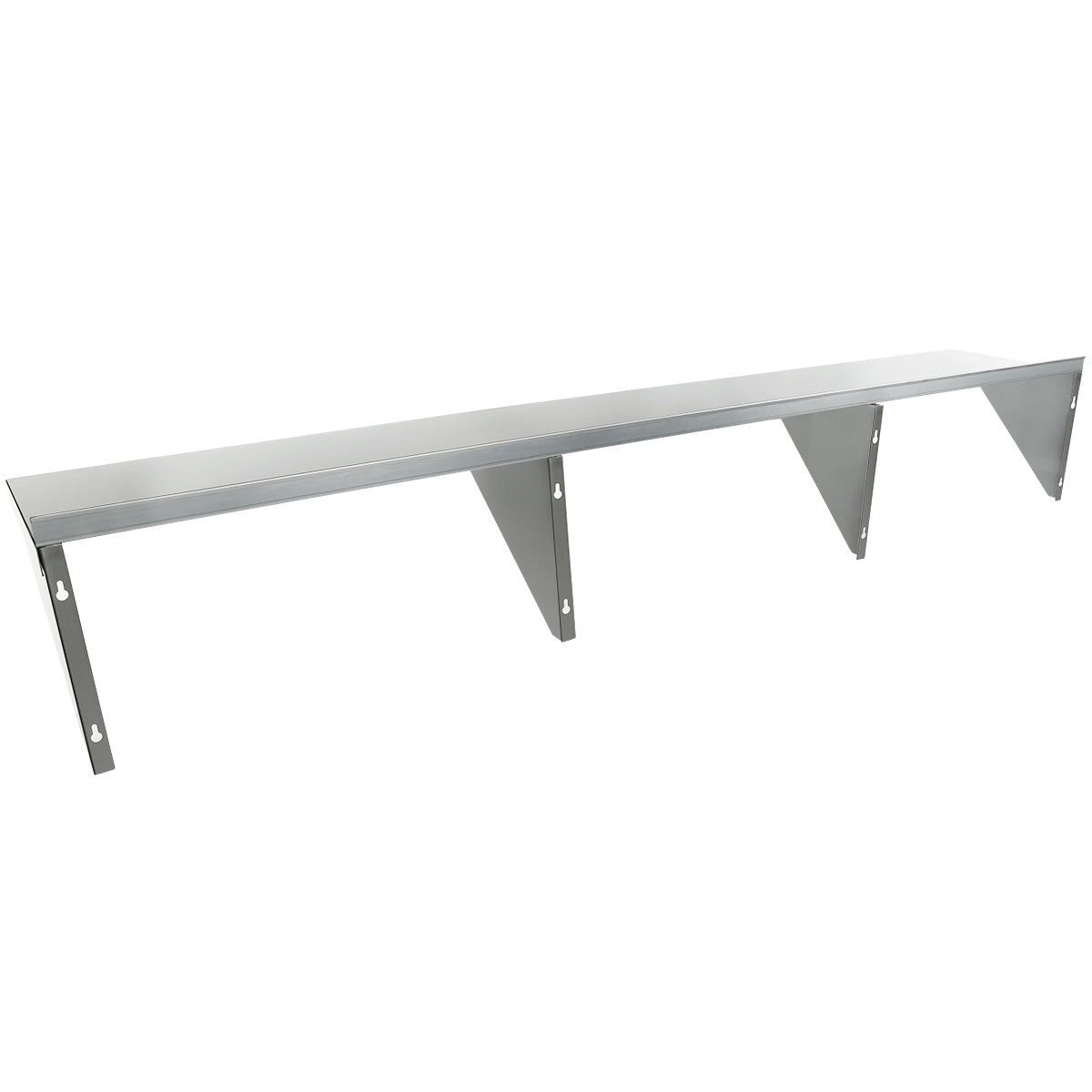 A long, rectangular NSF Stainless Steel Shelf with three sturdy triangular brackets offers reliable wall mount storage. Its sleek, modern design suits kitchens, garages, or industrial spaces, and its mounted on a white background.